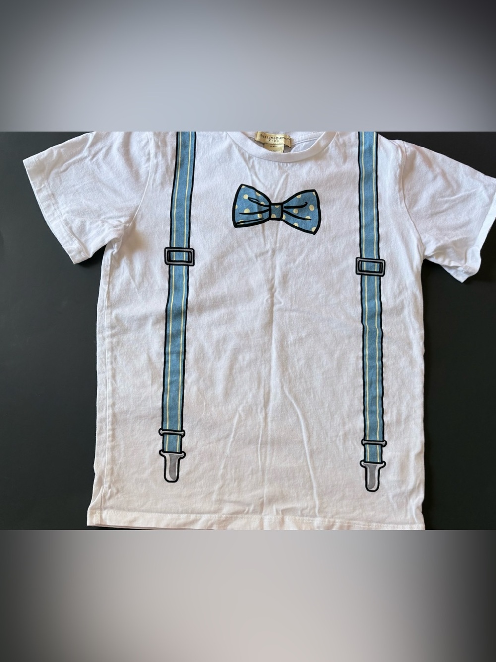 Stella McCartney Kids White Tee with Blue Bow Tie & Suspenders - Picture 2 of 8